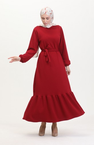 Burgu Kumaş Fitilli Fırfırlı Elbise 0528-03 Bordo