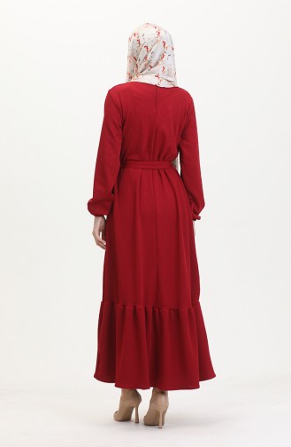 Burgu Kumaş Fitilli Fırfırlı Elbise 0528-03 Bordo