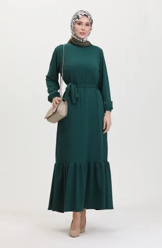 Burgu Kumaş Fitilli Fırfırlı Elbise 0528-05 Zümrüt Yeşili
