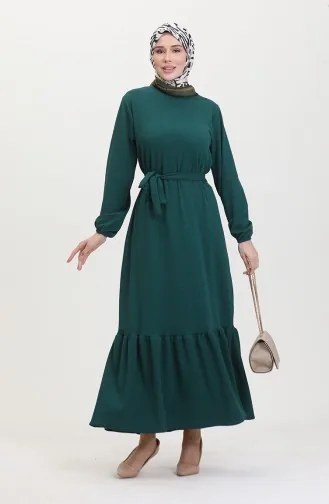 Burgu Kumaş Fitilli Fırfırlı Elbise 0528-05 Zümrüt Yeşili