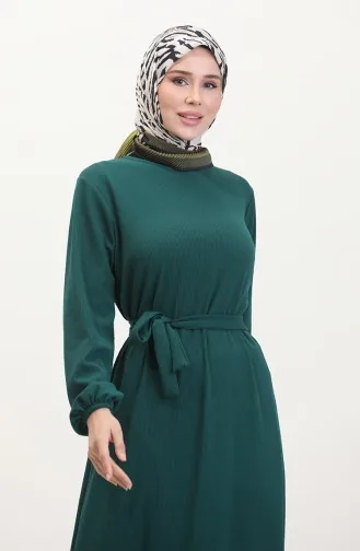Burgu Kumaş Fitilli Fırfırlı Elbise 0528-05 Zümrüt Yeşili