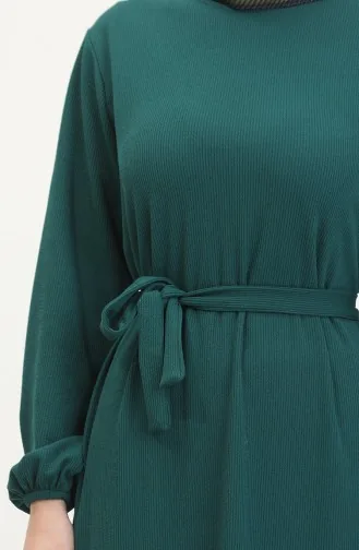Burgu Kumaş Fitilli Fırfırlı Elbise 0528-05 Zümrüt Yeşili