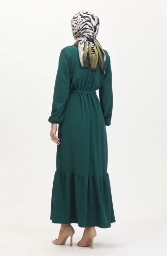 Burgu Kumaş Fitilli Fırfırlı Elbise 0528-05 Zümrüt Yeşili