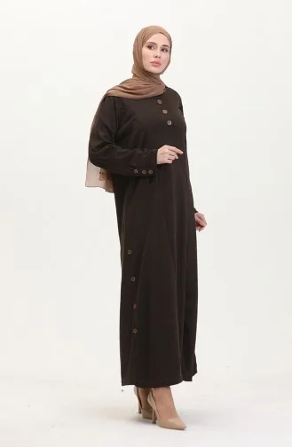 Büyük Beden Düğme Detaylı Elbise 0533-02 Kahverengi 0533-02