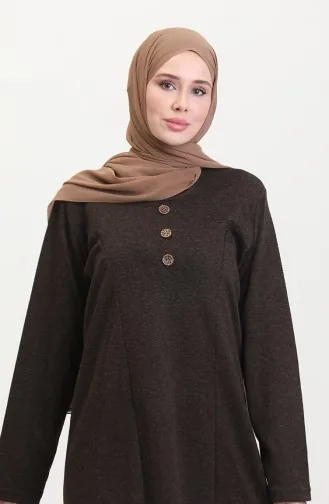 Büyük Beden Düğme Detaylı Elbise 0533-02 Kahverengi 0533-02