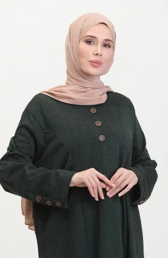 Büyük Beden Düğme Detaylı Elbise 0533-03 Zümrüt Yeşili