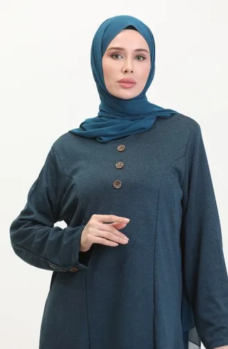 Büyük Beden Düğme Detaylı Elbise 0533-06 Petrol