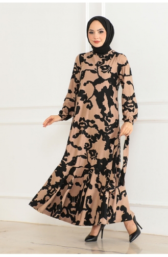 Patterned Dress With Flounce Skirt 3151-01 Black 3151-01
