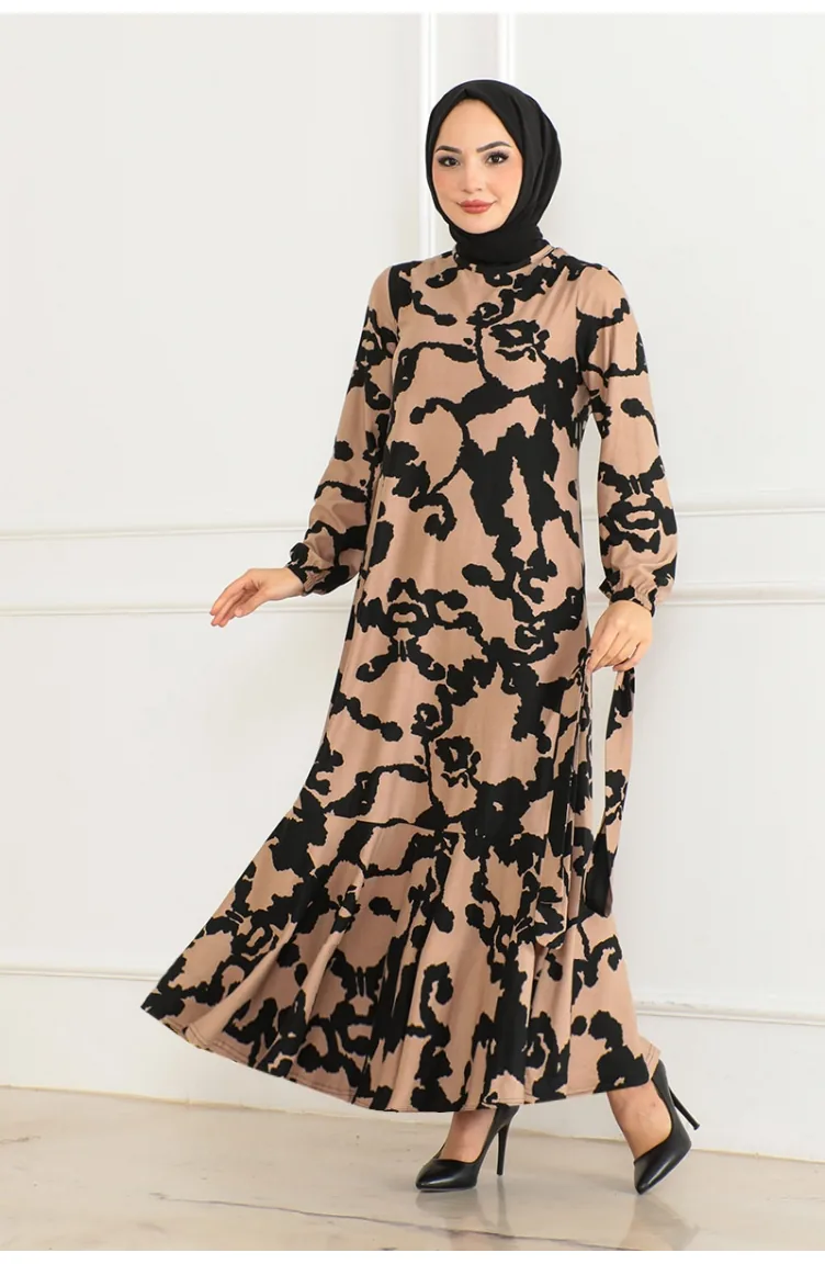 Gemustertes Kleid Mit Volantrock 3151-01 Schwarz 3151-01