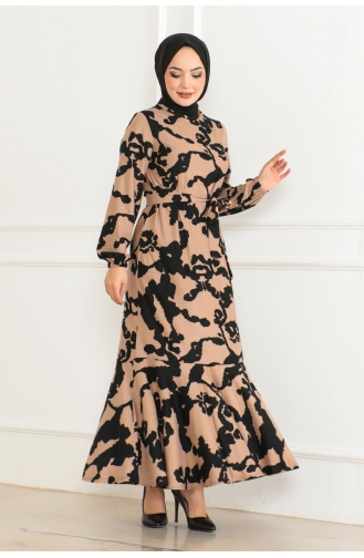 Patterned Dress With Flounce Skirt 3151-01 Black 3151-01