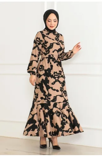 Gemustertes Kleid Mit Volantrock 3151-01 Schwarz 3151-01
