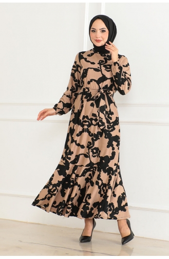 Patterned Dress With Flounce Skirt 3151-01 Black 3151-01