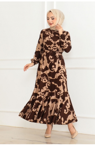 Gemustertes Kleid Mit Volantrock 3151-02 Braun 3151-02