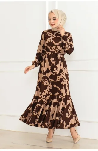 Patterned Dress With Flounce Skirt 3151-02 Brown 3151-02