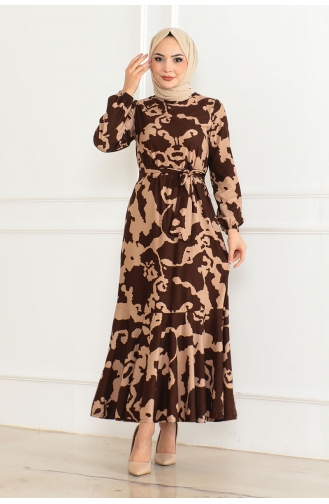 Gemustertes Kleid Mit Volantrock 3151-02 Braun 3151-02