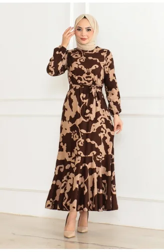 Patterned Dress With Flounce Skirt 3151-02 Brown 3151-02