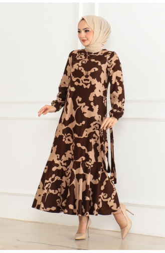 Gemustertes Kleid Mit Volantrock 3151-02 Braun 3151-02