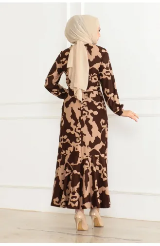 Patterned Dress With Flounce Skirt 3151-02 Brown 3151-02