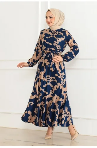 Robe à Motifs Avec Jupe à Volants 3151-04 Bleu Marine 3151-04