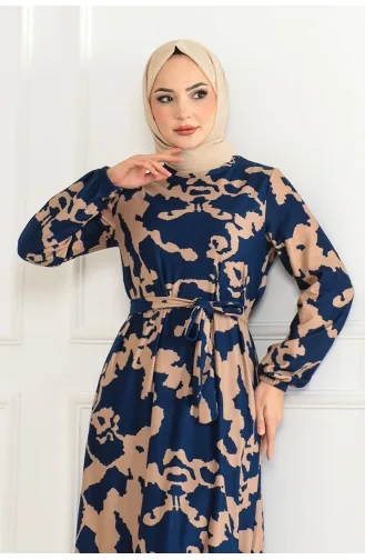 Robe à Motifs Avec Jupe à Volants 3151-04 Bleu Marine 3151-04