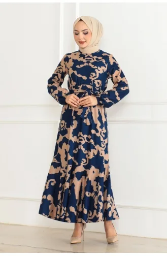Robe à Motifs Avec Jupe à Volants 3151-04 Bleu Marine 3151-04