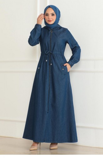 Abaya En Denim à Taille En Dentelle Bleu Foncé 19226 15335