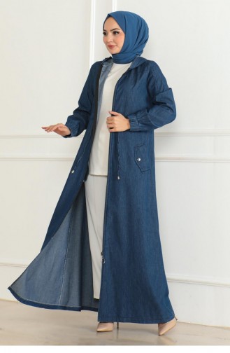 Abaya En Denim à Taille En Dentelle Bleu Foncé 19226 15335