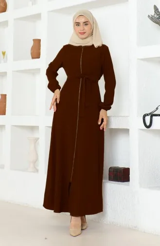 Bürümcük Kumaş Kuşaklı Ferace 1019-07 Kahverengi