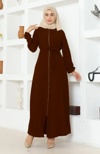 Bürümcük Kumaş Kuşaklı Ferace 1019-07 Kahverengi