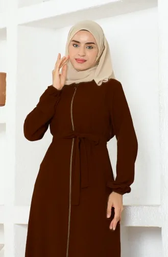 Bürümcük Kumaş Kuşaklı Ferace 1019-07 Kahverengi