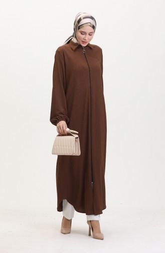 Yakalı Fermuarlı Ferace 1021-06 Kahverengi