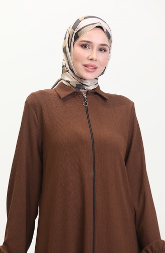 Yakalı Fermuarlı Ferace 1021-06 Kahverengi