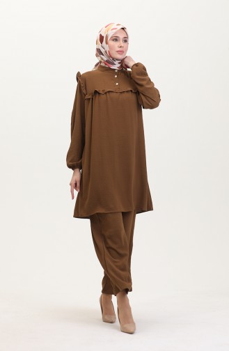 Ensemble Double Pantalon Tunique à Volants En Tissu Aerobin 1009-05 Marron 1009-05