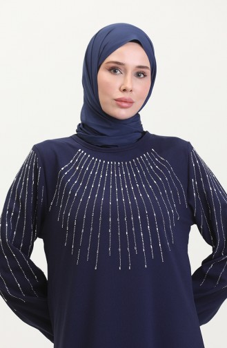 فستان سهرة بتصميم مرصع بالأحجار 0521-06 لون كحلي 0521-06