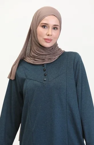 Büyük Beden Düğme Detaylı Elbise 0532-06 Petrol