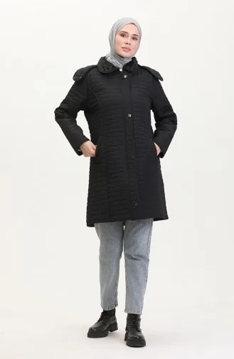 معطف كابتونيه بقبعة مقاس كبير 6132-01 أسود 6132-01