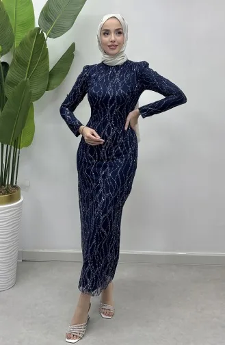 Abendkleid Aus Silbrigem Tüll 5518-02 Marineblau 5518-02