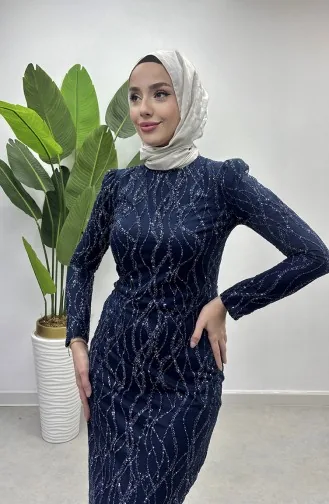 Abendkleid Aus Silbrigem Tüll 5518-02 Marineblau 5518-02