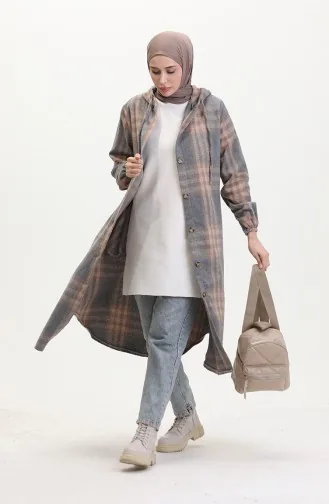 Hooded Lumberjack Fabric Buttoned Coat 0534-01 Mink 0534-01