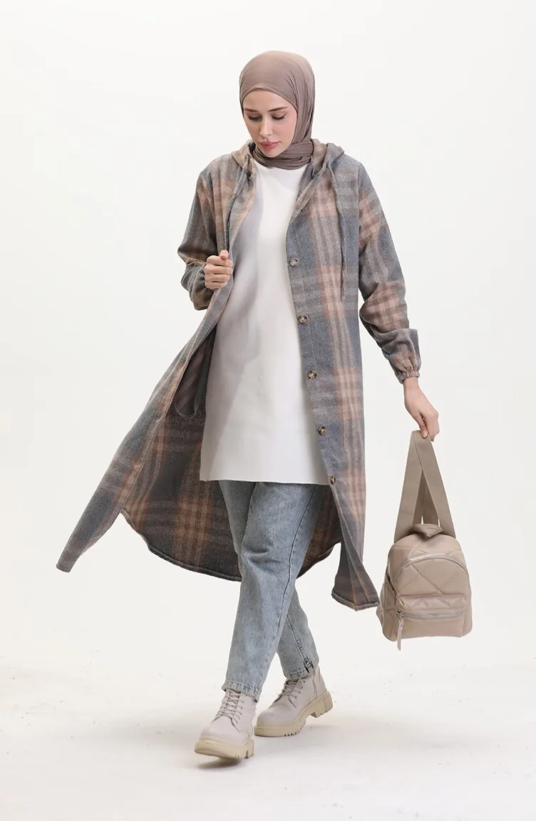 Hooded Lumberjack Fabric Buttoned Coat 0534-01 Mink 0534-01