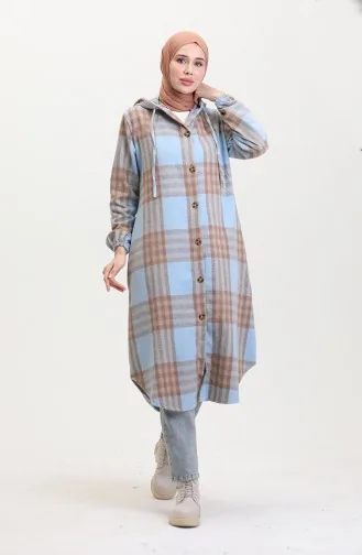 Hooded Lumberjack Fabric Buttoned Coat 0534-02 Blue 0534-02