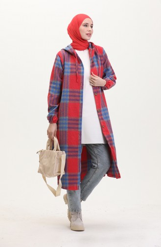 Hooded Lumberjack Fabric Buttoned Coat 0534-04 Red 0534-04