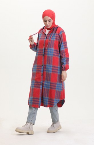 Hooded Lumberjack Fabric Buttoned Coat 0534-04 Red 0534-04