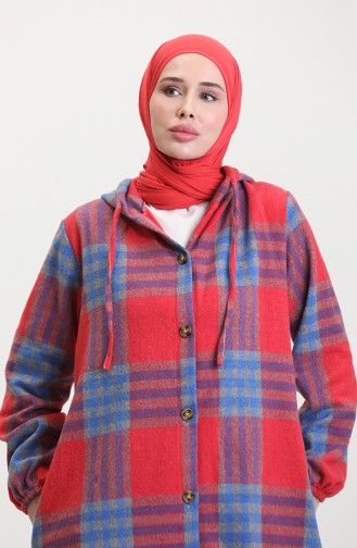 Hooded Lumberjack Fabric Buttoned Coat 0534-04 Red 0534-04