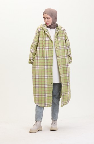 Hooded Plaid Pattern Buttoned Coat 0536-01 Oil Green 0536-01