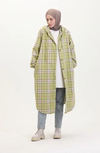 Hooded Plaid Pattern Buttoned Coat 0536-01 Oil Green 0536-01