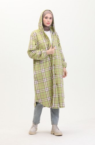 Hooded Plaid Pattern Buttoned Coat 0536-01 Oil Green 0536-01