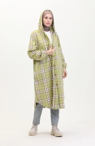 Hooded Plaid Pattern Buttoned Coat 0536-01 Oil Green 0536-01