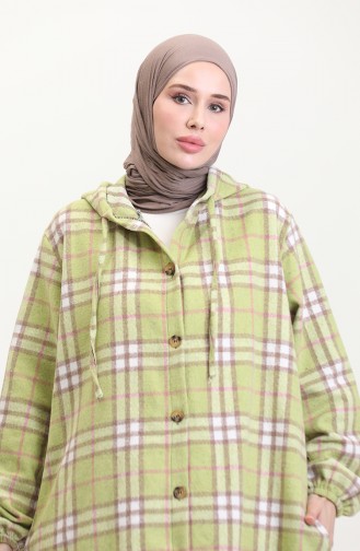 Hooded Plaid Pattern Buttoned Coat 0536-01 Oil Green 0536-01