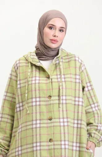 Hooded Plaid Pattern Buttoned Coat 0536-01 Oil Green 0536-01